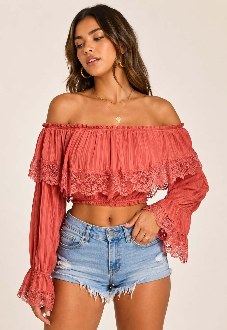 LULUMA Women's Pleated Off-Shoulder Lace Trim Flare Sleeve Crop Top